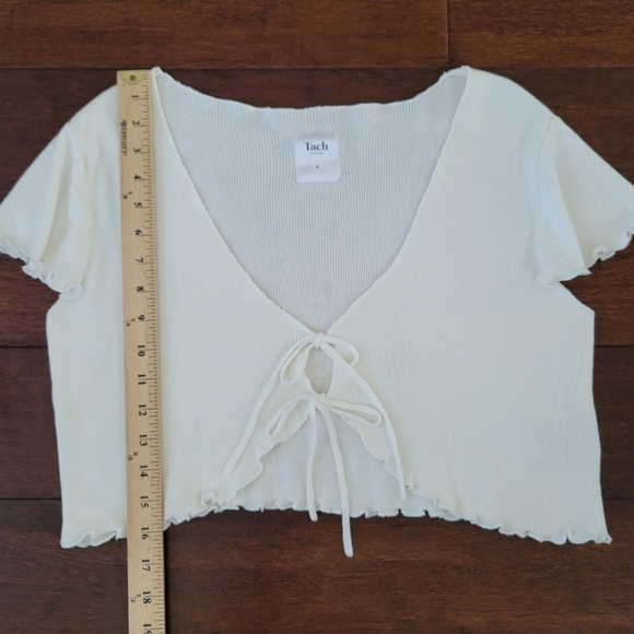 Tach Gaine White Tie-Front Ribbed Flutter Sleeve Crop Cardigan Top Womens Size S - Picture 7 of 9